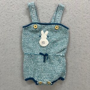Baby Boden Teal Knit Bunny Romper with Navy Trim